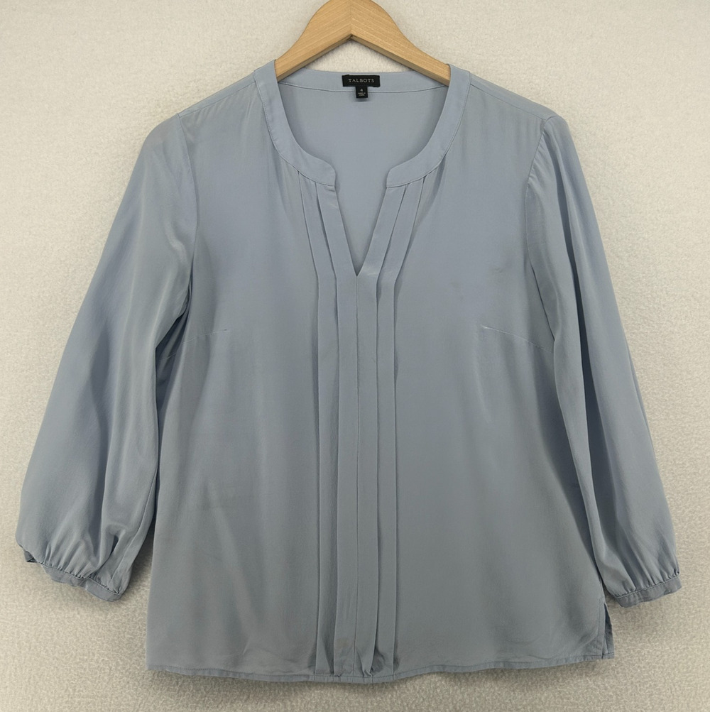 TALBOTS Top 4 Silk Crepe de Chine Blouse Notch V-Neck Pleated Long Sleeve Blue